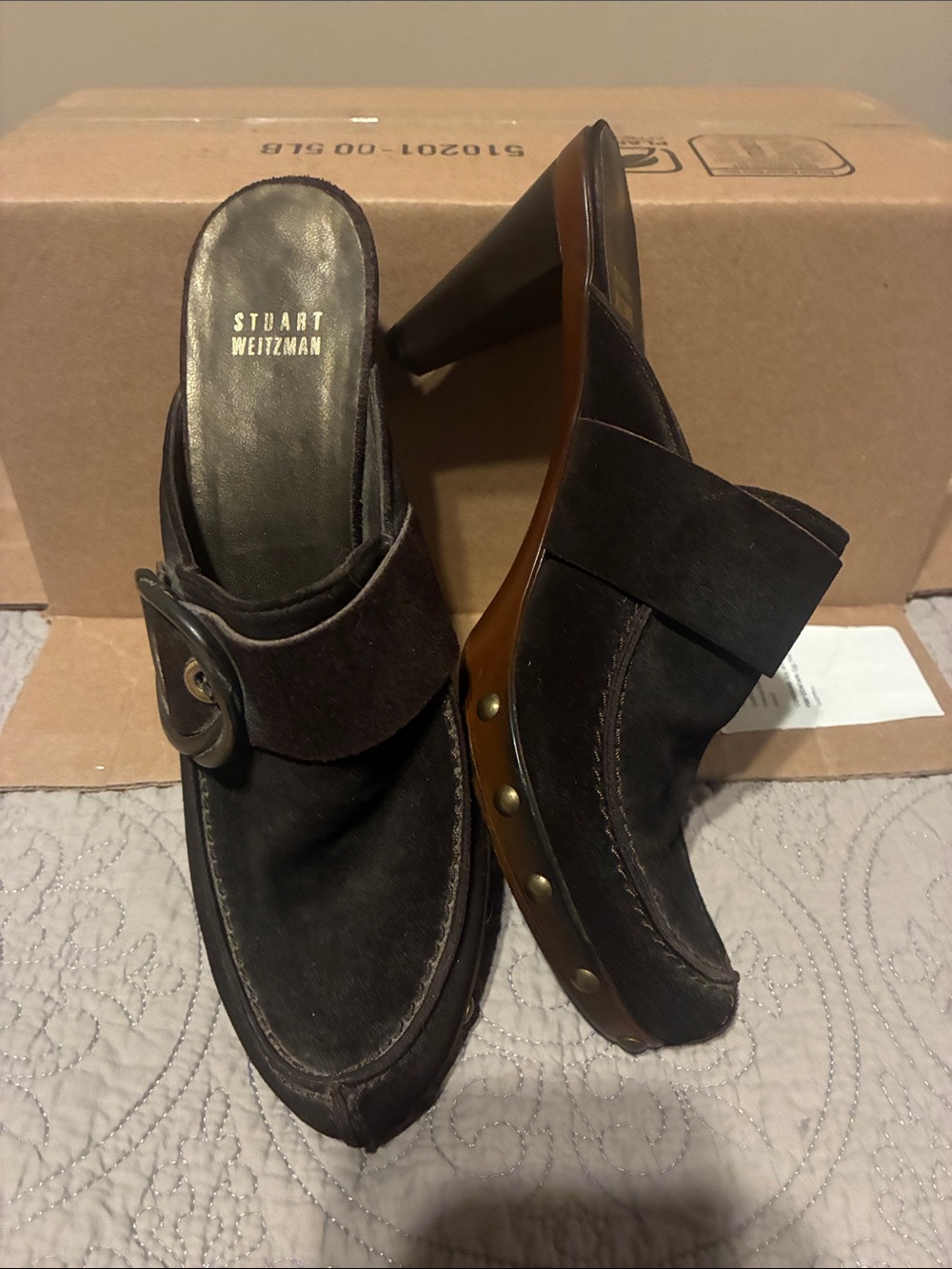 Stuart Weitzman Dark Brown Suede Clog Mules with Stud Accents